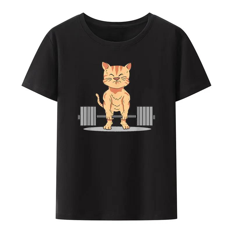 Cute Cat Powerlifting Gym Lover Modal Print T Shirts UnisexShort Sleeve Loose Breathable Camisetas Creative Casual Cool Tops