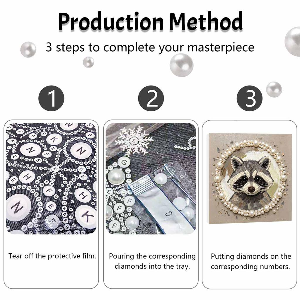 Adorable Raccoon Portrait Framed Pearl Painting Kit DIY 3D Sparkling Bead Canvas Art Relaxing Handmade Craft Gift for Women