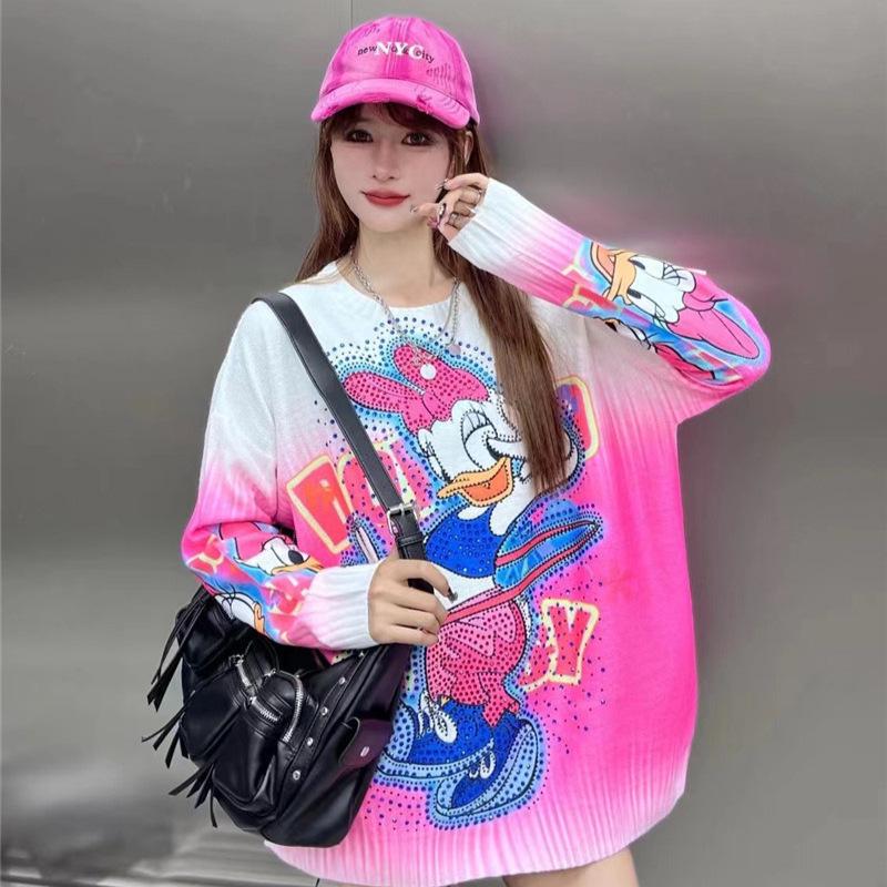 Women's Rhinestone Cartoon Print Long Sleeve Sweater - Autumn/Winter 2026 Fashion Casual Knitwear