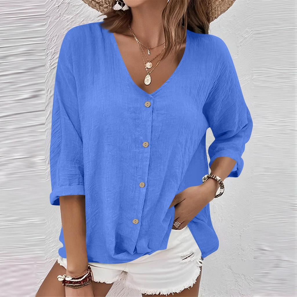 Damenmode Lässig Einfarbig V-Ausschnitt Live-Knopf Siebenärmel T-Shirt Top