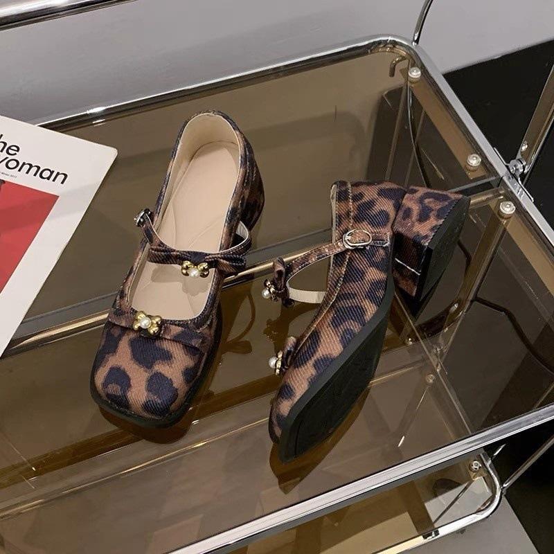Coarse Heel Mary Jane Shoes Women's 2025 New with Skirt French Beautiful Bow Single Shoes Black Beige Leopard Print