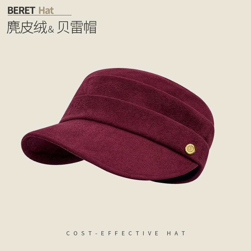 Round Label Pleated Suede Flat Top Equestrian Hat Women'S Season Warm Newsboy Hat Showing Face Ducktongue Beret