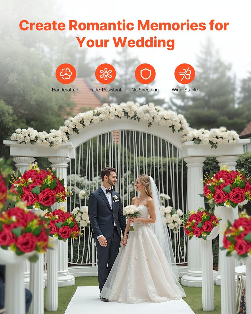 VEVOR Flower Balls Arrangement Bouquet 10 PCS, 240 Mm Wedding Red Roses Centerpieces