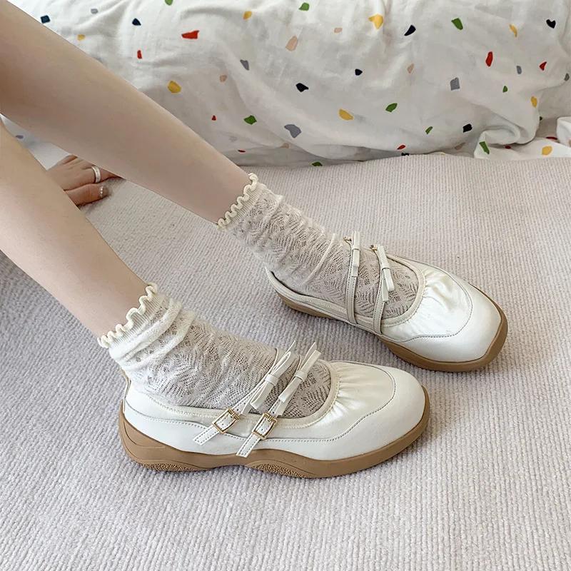 Fashion Silver Mary Jane Women's 2024 New Fashion Bow Belt Buckle Casual Shoes Soft Leather Flat Shoes