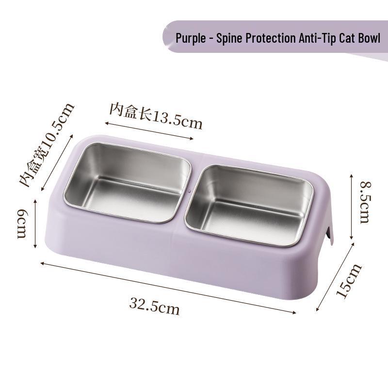 Slanted Double Cat Bowl - Anti-tip, Stainless Steel, Detachable, Washable, Anti-black Chin Cat Food and Water Bowl.