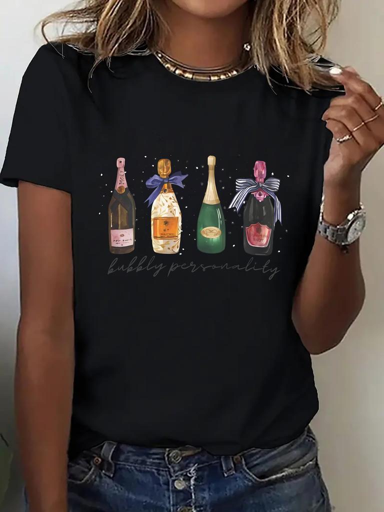 Damen Mode Trendiges Cartoon Champagner Druck T-Shirt Sprudelndes Persönlichkeits Design Harajuku Kurzarm Lässig Ästhetische Kleidung
