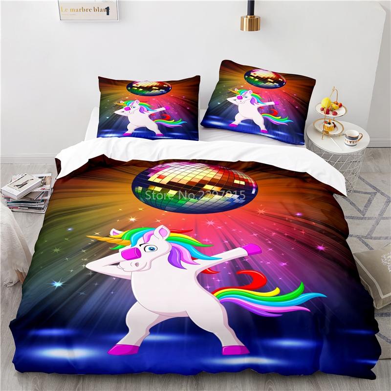 Cute Unicorn Pattern 3d Bedding Set Bed Linen 2/3pcs Blue Duvet Cover Set with Pillowcase Twin Full Queen King Size Home Textile