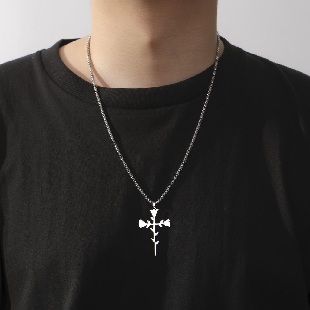 Teamer Crossed Thorns Rose Necklace Stainless Steel Jewelry For Women Men Box Chain Romantic Accessories Gothic Style Gift