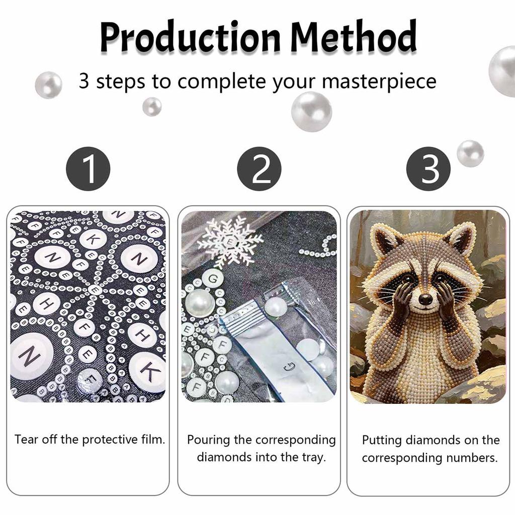Sparkling Pearl Painting on Stretched Frame Cute Raccoon DIY Bead Art Canvas Relaxing Hobby Gift for Craft Lovers Home Wall Decor Idea