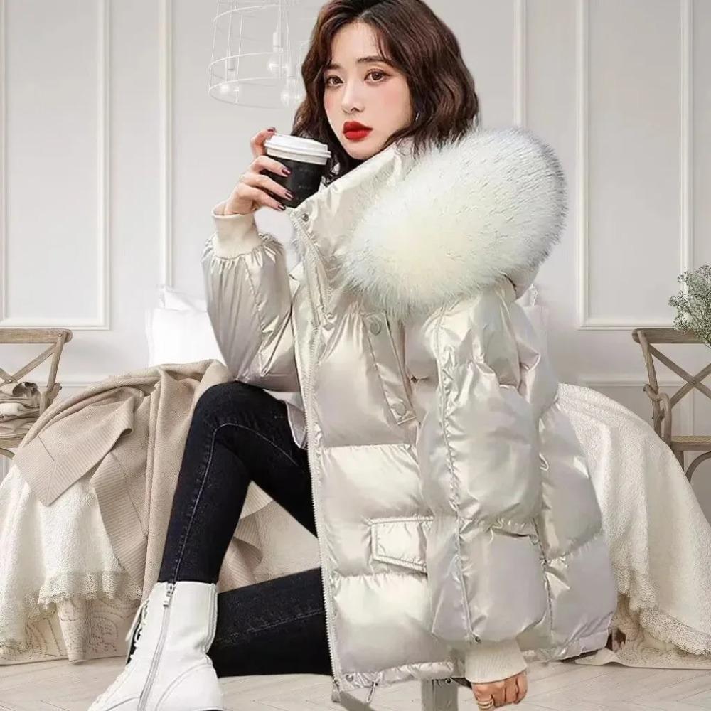 Winter Fashion Warm Duck Down Jacket Women's Clothes Glossy Fur Collar Thicken Parka Short Down Coat
