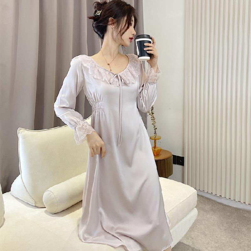 Cămașă de noapte lungă pentru femei din mătase de gheață cu garnitură de dantelă - Primăvară/Toamnă