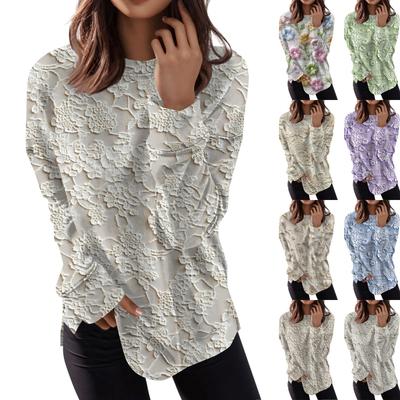 Women's Fashion Casual Long Sleeve Floral Textured Print Round Neck Top