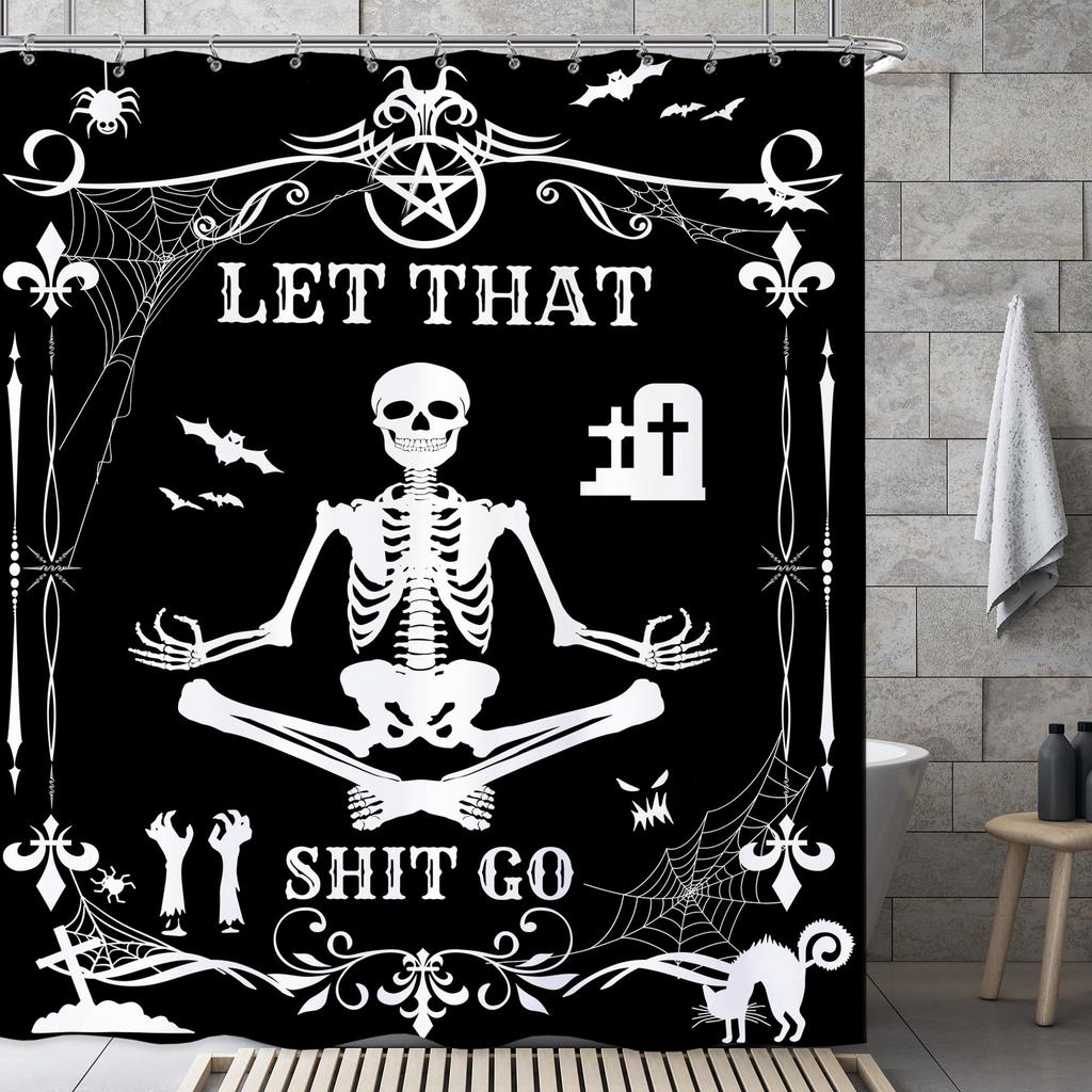 Skull Gothic Skeleton Shower Curtain, Goth Black Floral Rose Decor For Bathroom, Halloween Artistic Waterproof Washable