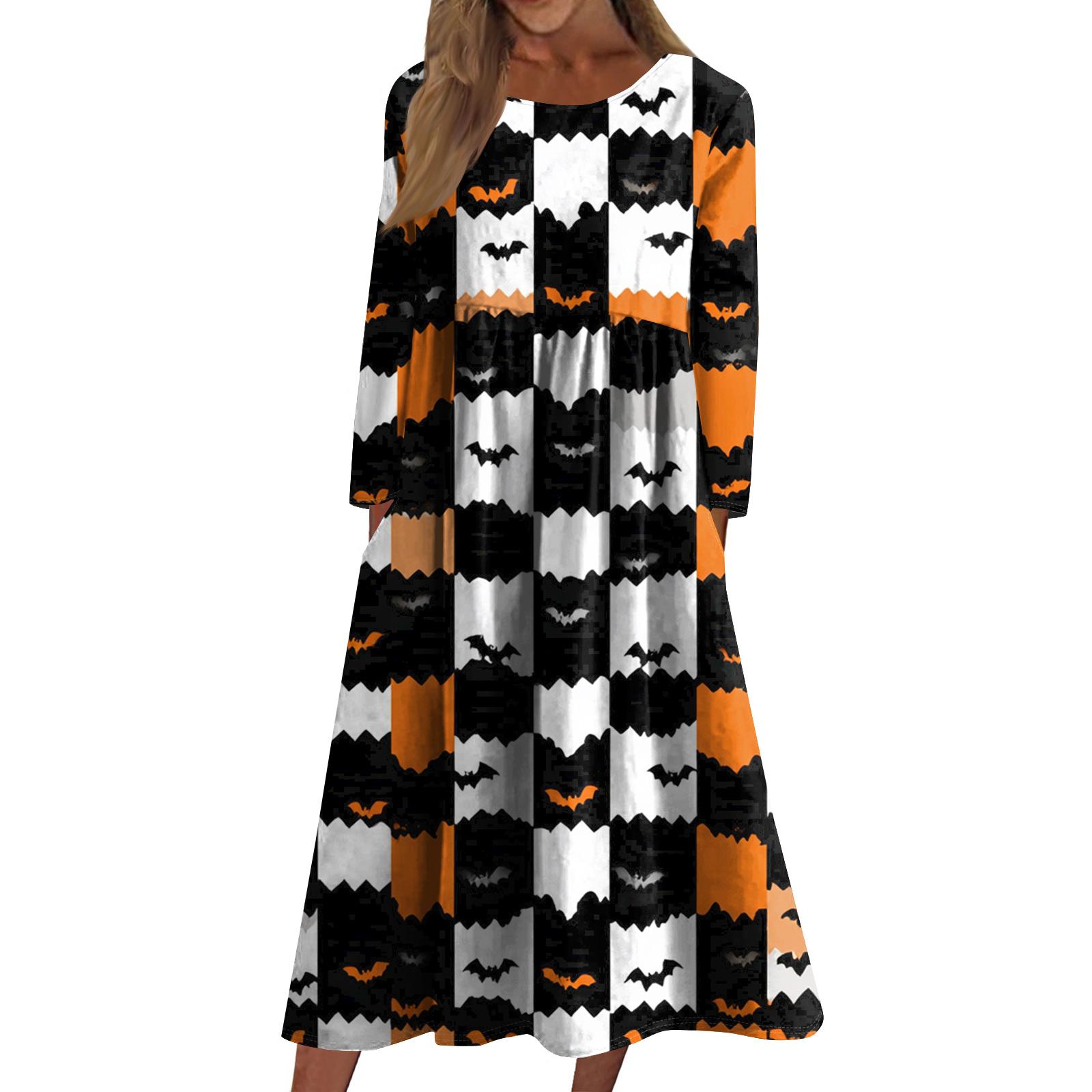 

Женское повседневное платье средней длины с круглым вырезом и принтом Хэллоуина, платье средней длины с длинными рукавами и карманом L чёрный