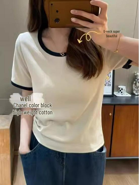 Women's Fashion Slimming Color Block U-Neck T-Shirt
