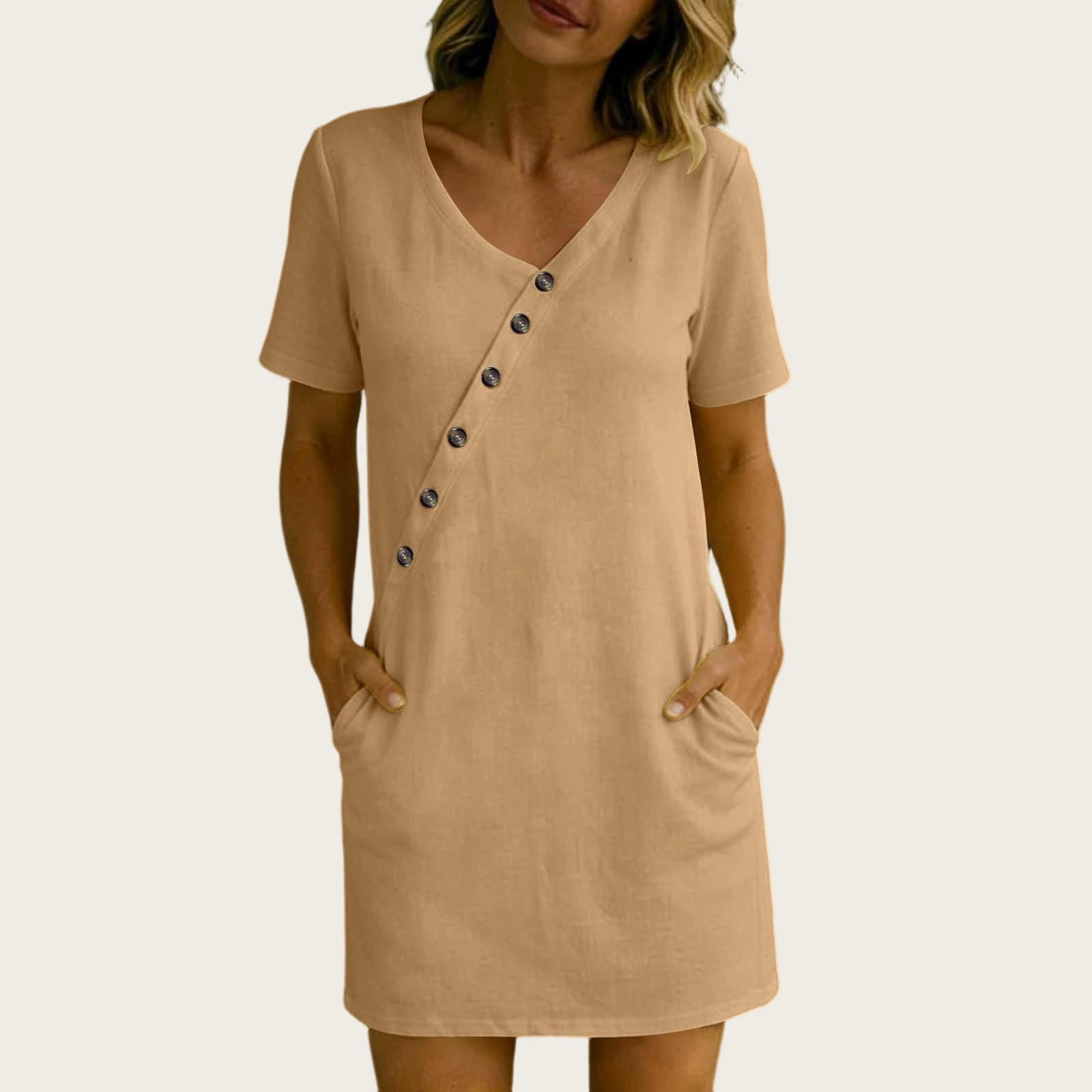 

Women Summer Casual V Neck Button Detail Short Dress with Pockets Lightweight Loose Fit Short Sleeve Dress for Daily Wear L