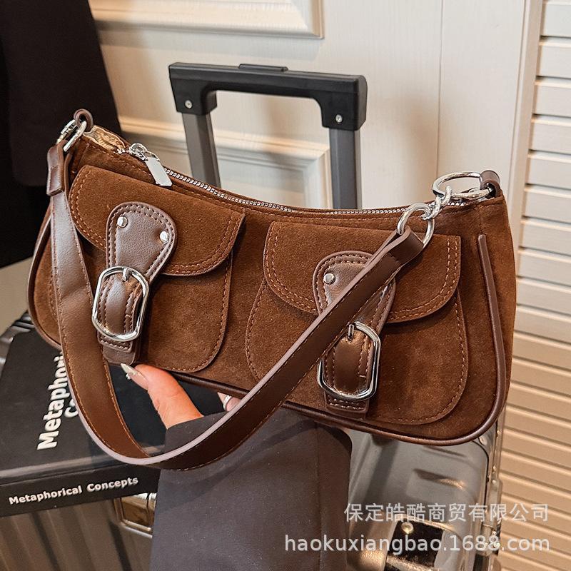 French Niche Design Suede Bag Women's 2025 New Foreign Style Versatile Single Shoulder Underarm Bag Portable Baguette Bag