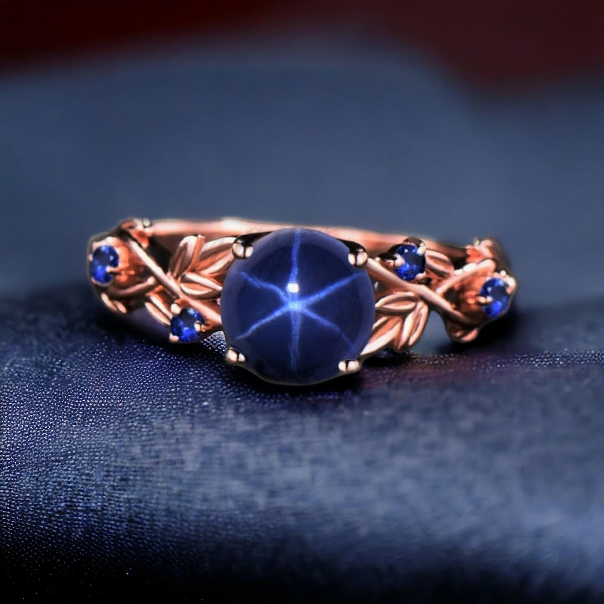 

Кольцо из розового золота ручной работы с сапфиром-звездой: Кольцо для помолвки из стерлингового серебра 925 пробы в виде ветки с листьями: Украшение Кольцо-веточка в стиле ар-деко Q золотой