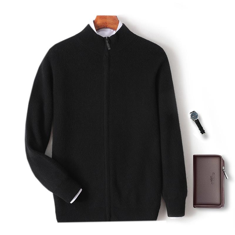 Pure Wool Cardigan Men'S Thickened Half-Height Stand-Up Neck Knitted Sweater Business Casual Simple Cashmere Zipper Jacket