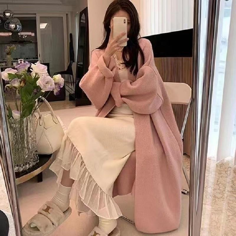 Fashion commuter coat medium and long women's solid color sweater jacket women's high sense lazy loose shoulder sleeves