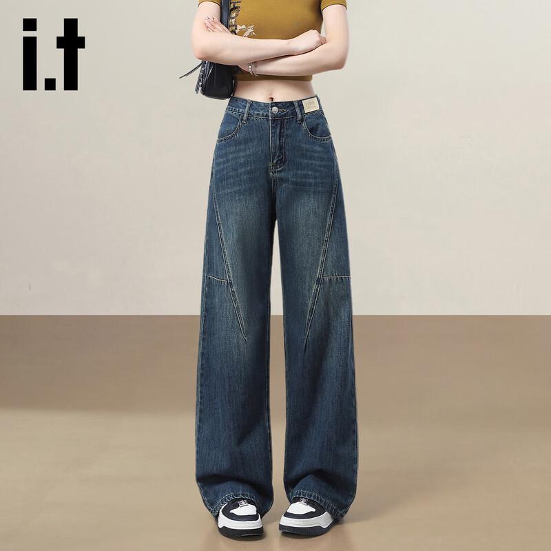 

izzue it Women s Retro Washed Spliced Wide-Leg Jeans L