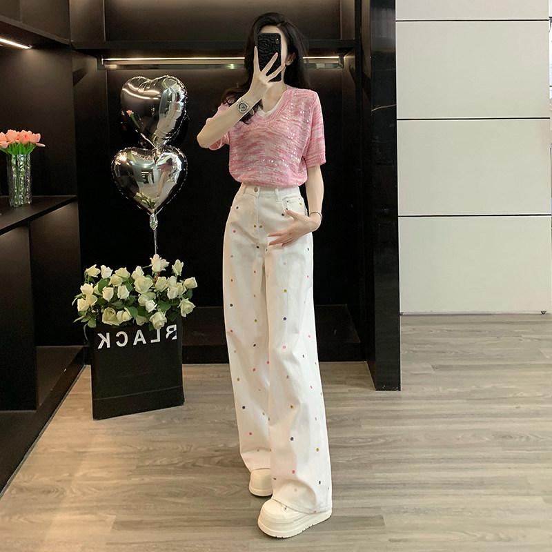 Autumn and winter Korean straight small white floral embroidered jeans women's loose casual versatile wide-leg pants
