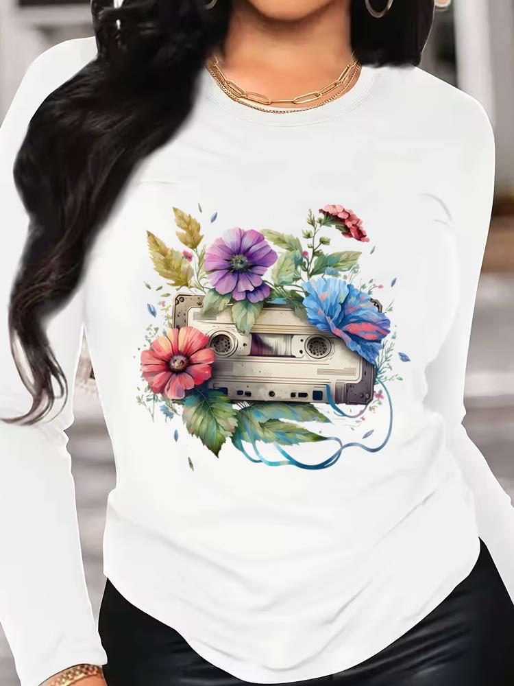 (Asian Size) Love Heart Style Printed Female Clothing Women Tee Lady T Shirt Casual Fashion Top Long Sleeve Graphic T-shirts