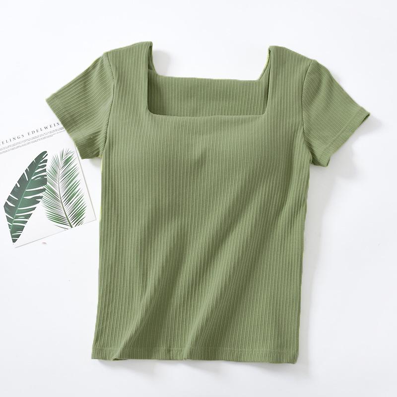 

Women s Square Neck Ribbed T-Shirt with Built-In Bra and Slimming Chest Pad Large зелений