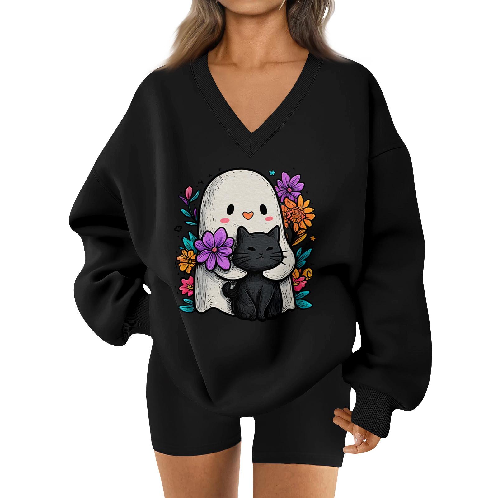 

Женский спортивный свитшот с V-образным вырезом, приспущенным плечом и принтом на Хэллоуин L чёрный