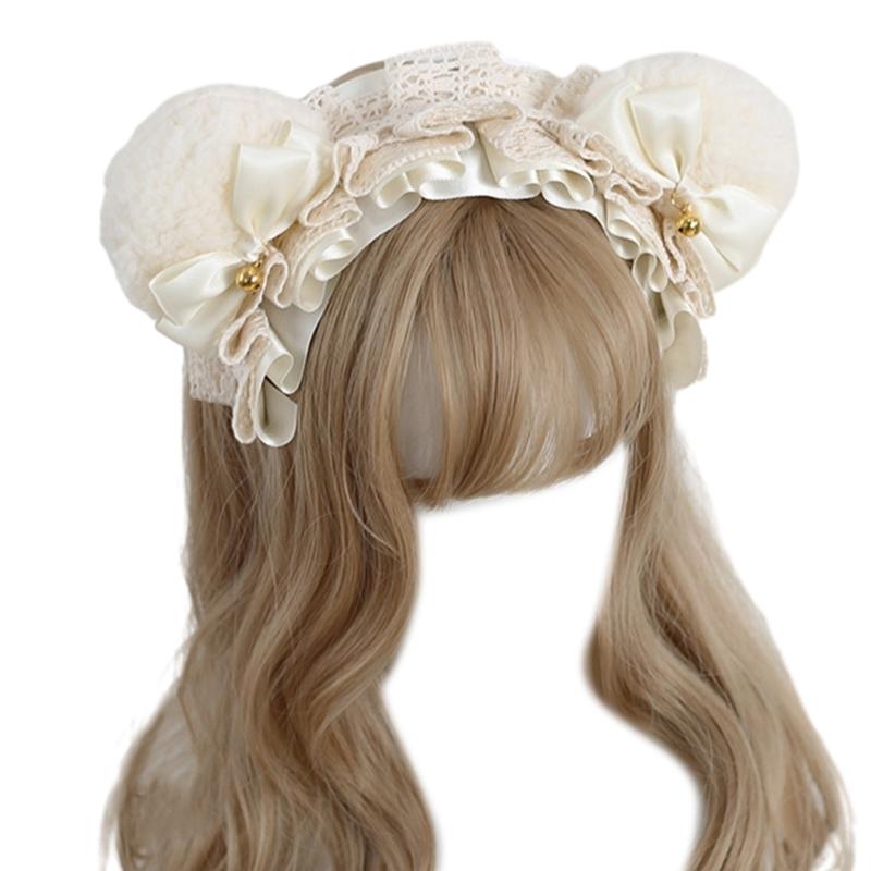 Lovely Bear Ear Bowknot Hairband Lace Anime Headband Role Play Costume Headdress Girls Maid Cosplay Headwear Accessories