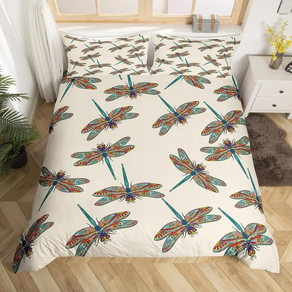 Boho Dragonfly King Queen Duvet Cover Cute Flower Love Heart Bedding Set Watercolor Floral Rustic Style Polyester Quilt Cover