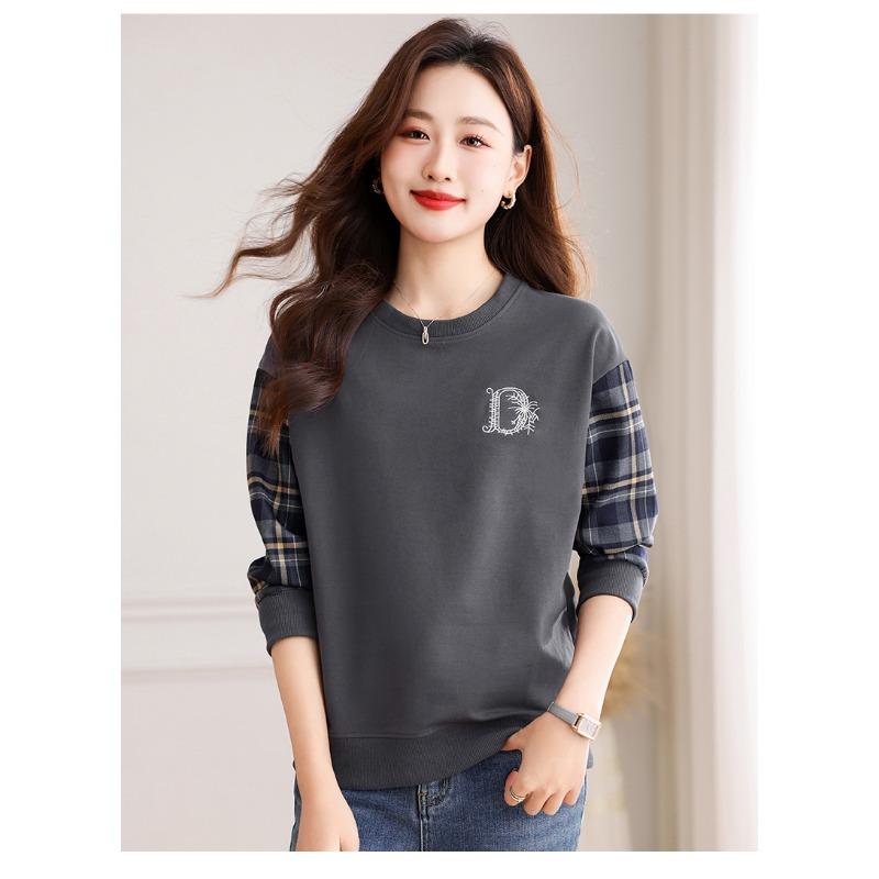 Damen-Sweatshirts sind beliebte Frühlings- und Herbst-Rundhals-Nähte, vielseitig, locker, kurze, altersreduzierende Basisshirts, Oberteile