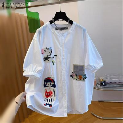 Women Round Neck Casual Short Sleeve Print Blouse