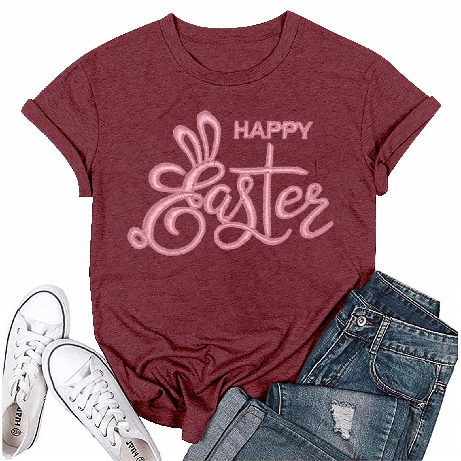 

Жіноча Мода Великодній Принт Повсякденна Плісирована Футболка Топ з Круглим Коротким Рукавом XXL винний
