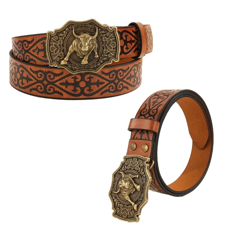 Vintage Men Teens Relief Bull Head Waist Belt PU Embossed Pattern Cowboy Belt