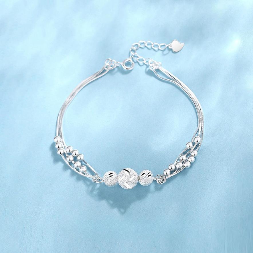 Silver Plated Minimalist Layered Bracelet with Lucky Beads Unique Design Gift for Her