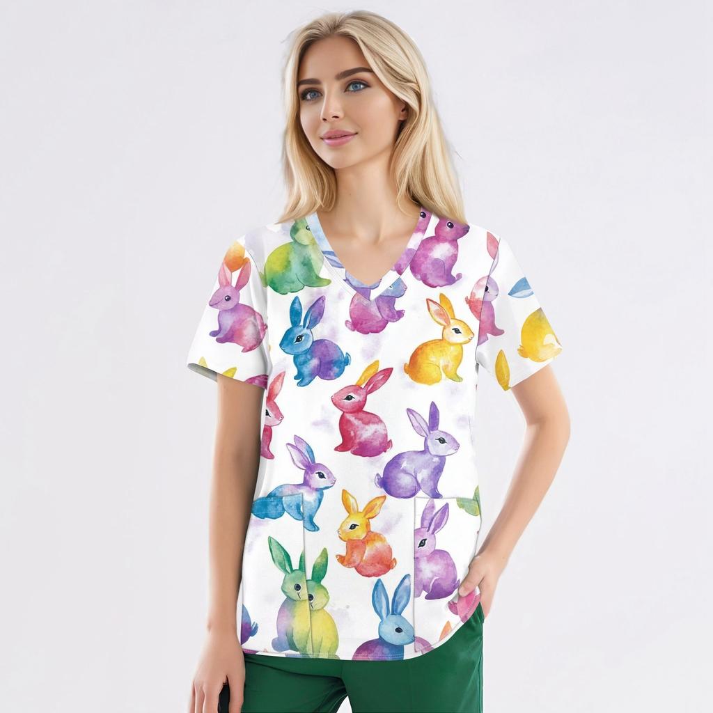 Women's Fashion V-neck Short Sleeve Workwear With Pockets Printed Tops
