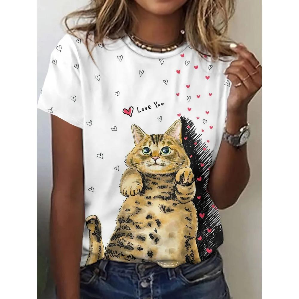 Women's T-Shirts Summer Casual Short Sleeve Tops Crew Neck Tee Fashion Streetwear Female Oversized Clothing Cartoon Cat T-Shirts
