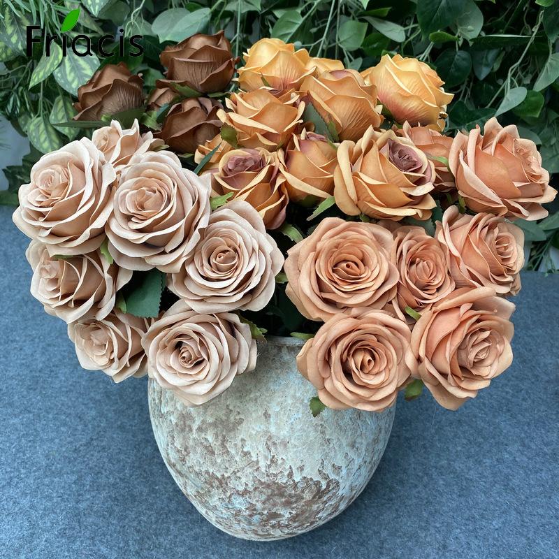 9 Hlav Hedvábných Simulačních Květin Oranžová Růže Kytice Domácí Dekorace Umělá Květina Diamantový Roh Růží Svazek Dekorace Obývacího Pokoj