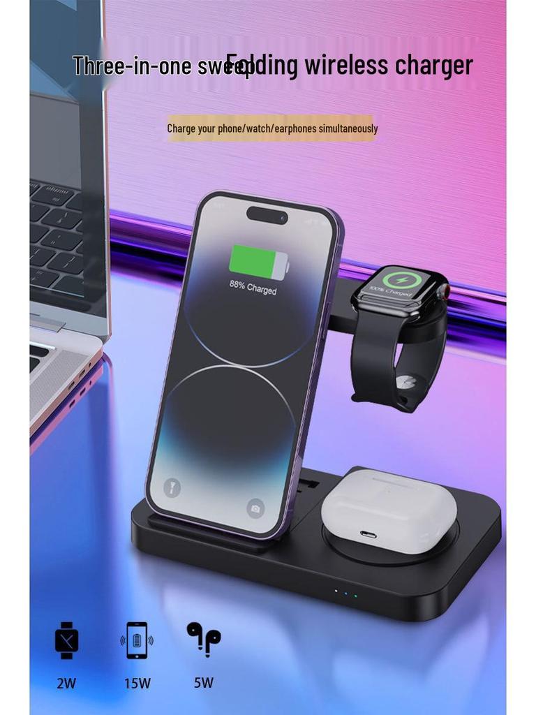 Încărcător Wireless Pliabil 3-în-1 pentru Telefoane Apple & Samsung, Căști și Ceasuri