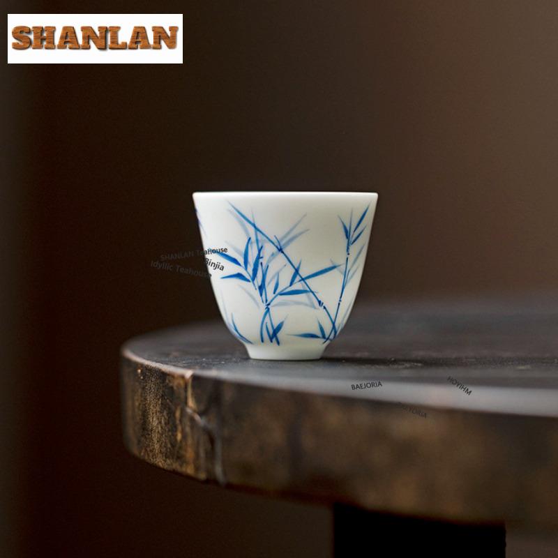 2pc/lot Blue And White Hand-painted Bamboo Teacup Traditional Tea Bowl Cute Cup Tea-tasting Smelling Cup Jianzhan Cups Gift 35ml