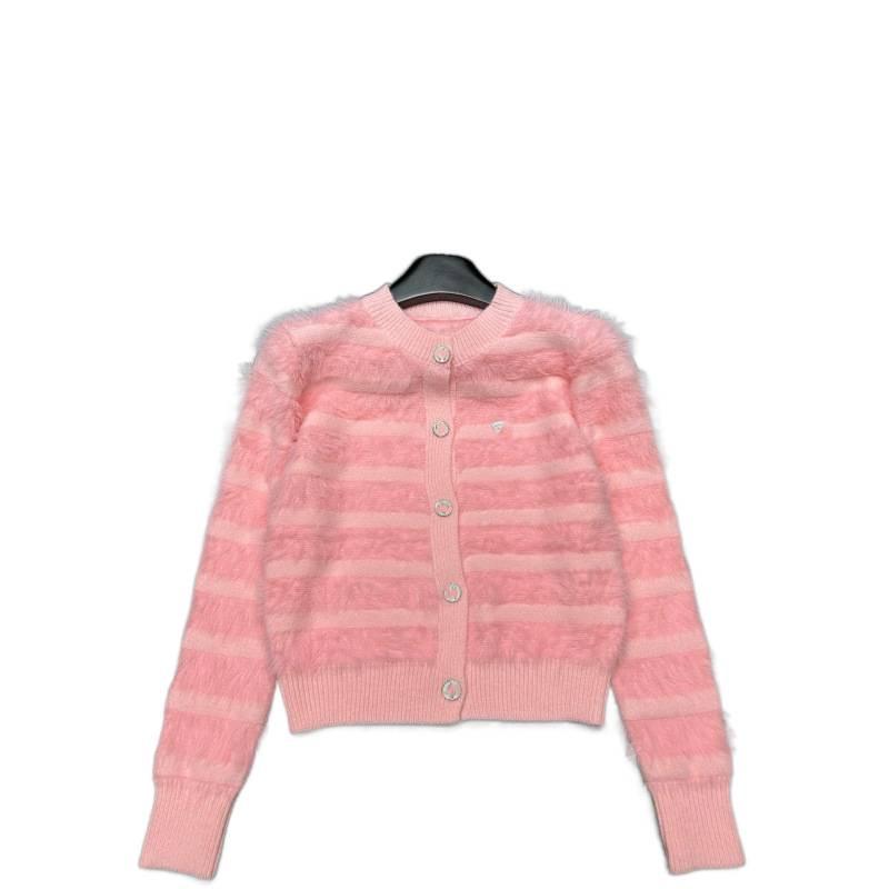 Xiangjia Mink Fur Color Block Striped Cardigan Sweater - Autumn/Winter, Round Neck, Long Sleeve, Loose Fit.