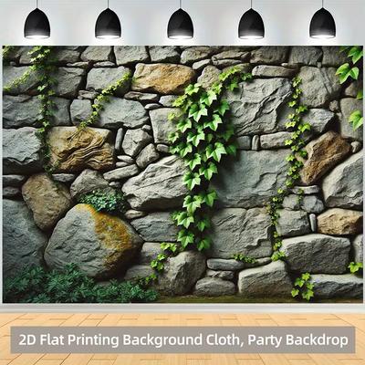 2D Rustic Stone Wall Ivy Photo Backdrop Wedding Birthday Party Decor Background