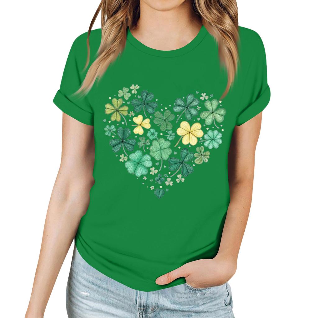 Women's Casual Saint Patrick Print T-Shirt Round Neck Pullover Short Sleeve Top