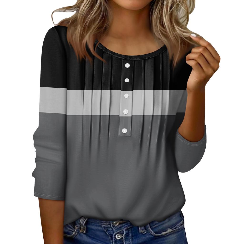 Women's Round Neck Pull Stripe Decorative Button Top Casual Solid Color 3/4 Sleeve T Shirt