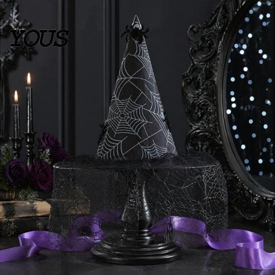 Spooky Mesh Cap for Halloween Witch Hat, with Lace And Simulated Spiders, Gothic Unique Witchy Outfit Adults Style Costume Accessory, Parties Cosplay
