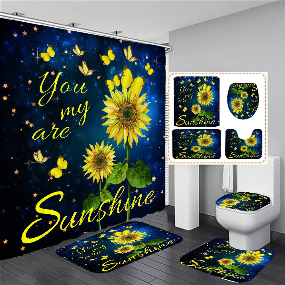 Magic Sunflower Butterfly Shower Curtain Sets Black Yellow Art Country Flower Bathroom Decor Curtains Bath Mats Rug Toilet Cover