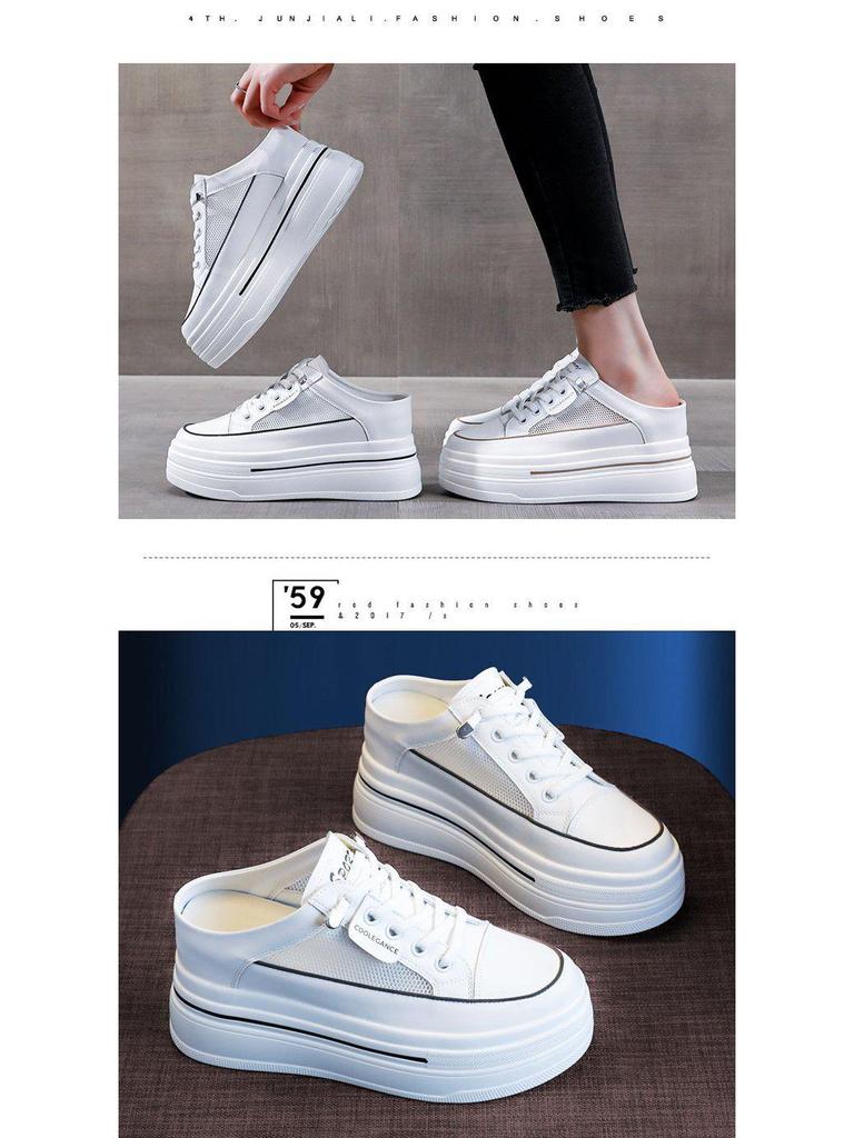 Women's Mesh Bread-Toe Slip-On Shoes: Thick Sole, Summer Style, No Heel, 8CM Height Boost, Half-Slip, White.