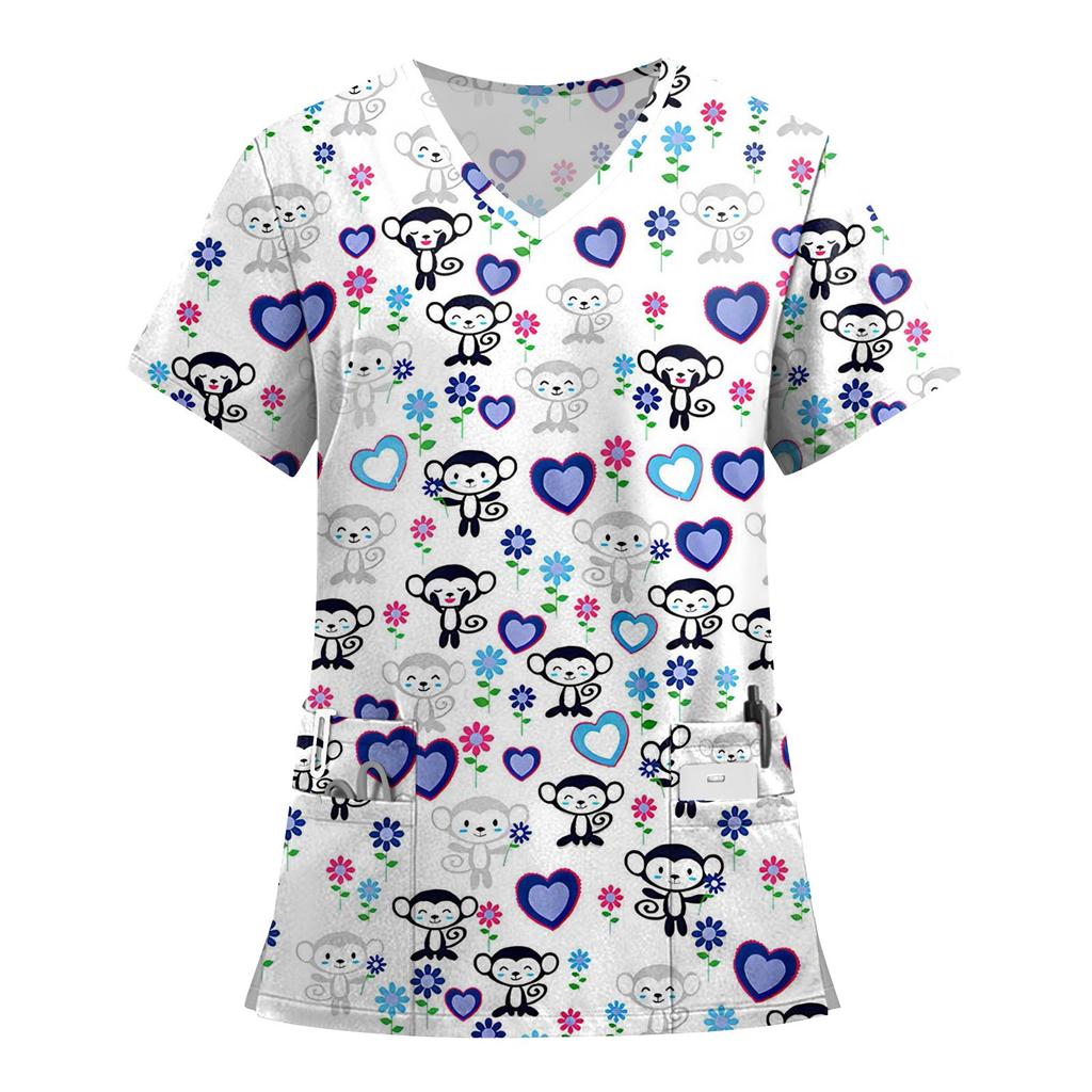 Women's Fashion Printed Short Sleeve V Neck Pattern Tops Pocket Working T-shirts