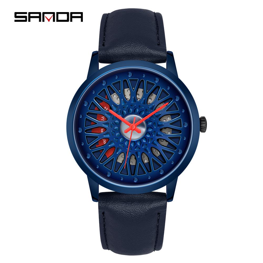 Sanda Men's 1061 Waterproof Leather Strap Watch with Trendy Hollow Dial
